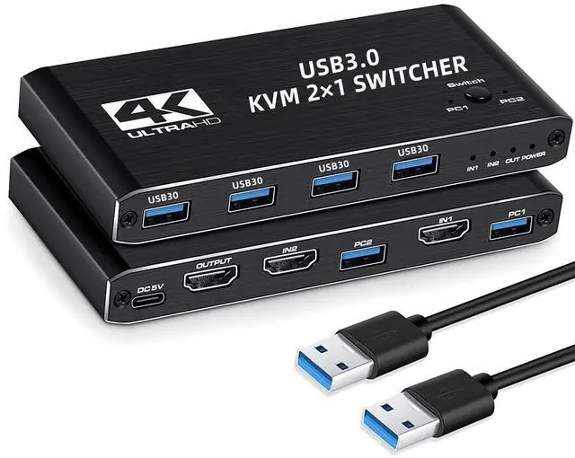 Main image of HDMI KVM Switch 2 Port, 4K@60Hz USB KVM Switch 2x1 HDMI2.0 Ports + 4x USB3.0 Ports, Share 2 Computers to one Monitor, Supports Hotkey Switch, Wireless Keyboard and Mouse, USB Disk, Printer, USB Camera