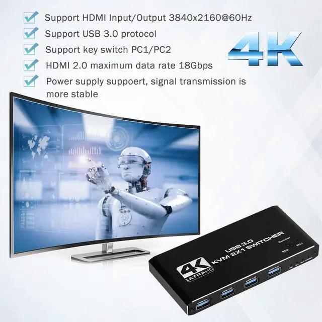 Alt view image 5 of 7 - HDMI KVM Switch 2 Port, 4K@60Hz USB KVM Switch 2x1 HDMI2.0 Ports + 4x USB3.0 Ports, Share 2 Computers to one Monitor, Supports Hotkey Switch, Wireless Keyboard and Mouse, USB Disk, Printer, USB Camera