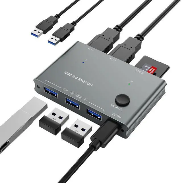 Main image of 5Gbps USB 3.0 Switch 2 Computers Share 3 USB 3.0 Devices with TF Card Reading Function, USB 3.0 Switcher Selector for PC Laptop Keyboard Mouse Webcam USB-Microphone, with 2 USB A to A Cables