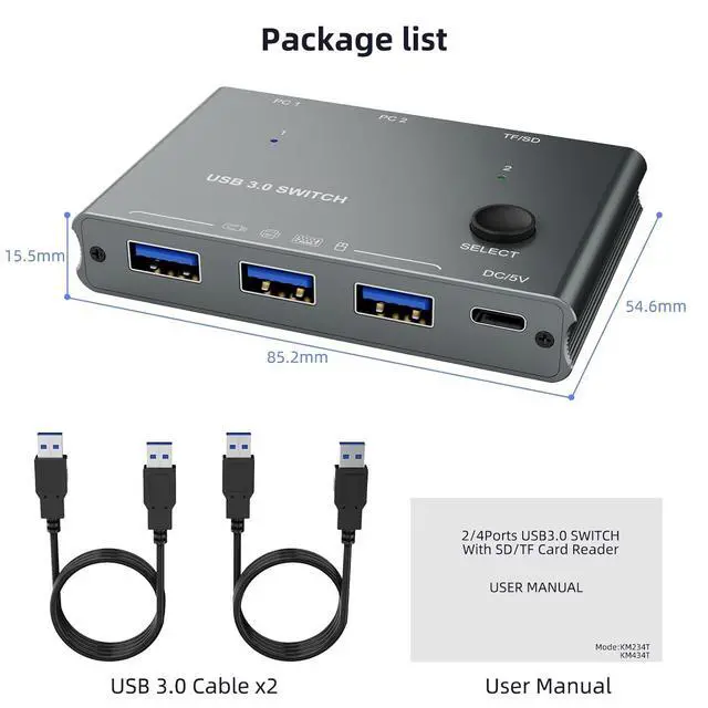 Alt view image 7 of 7 - 5Gbps USB 3.0 Switch 2 Computers Share 3 USB 3.0 Devices with TF Card Reading Function, USB 3.0 Switcher Selector for PC Laptop Keyboard Mouse Webcam USB-Microphone, with 2 USB A to A Cables