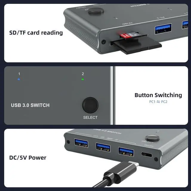 Alt view image 6 of 7 - 5Gbps USB 3.0 Switch 2 Computers Share 3 USB 3.0 Devices with TF Card Reading Function, USB 3.0 Switcher Selector for PC Laptop Keyboard Mouse Webcam USB-Microphone, with 2 USB A to A Cables