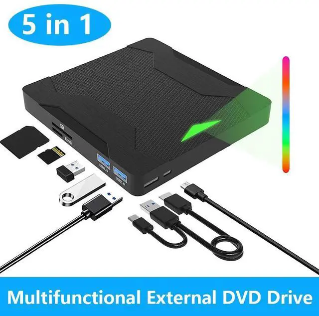 Main image of 5 in 1 External CD DVD Drive with 2 USB Ports and SD/TF Card Slots, Type-C USB 3.0 Portable CD/DVD Disk Drive Player Burner Reader Writer for Laptop Desktop PC Windows 11/10/8/7/XP Linux, MacOS
