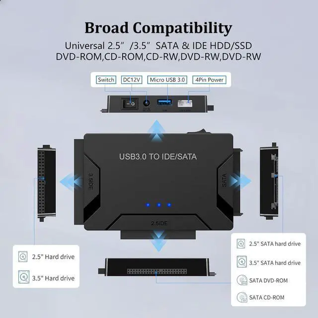 Alt view image 3 of 7 - USB 3.0 to IDE/SATA Adapter | Universal External Hard Drive Reader & Data Recovery Converter for 2.5"/3.5" HDD/SSD | One Touch Backup Function | with 12V/2A Power Supply & Multi-Drive Support