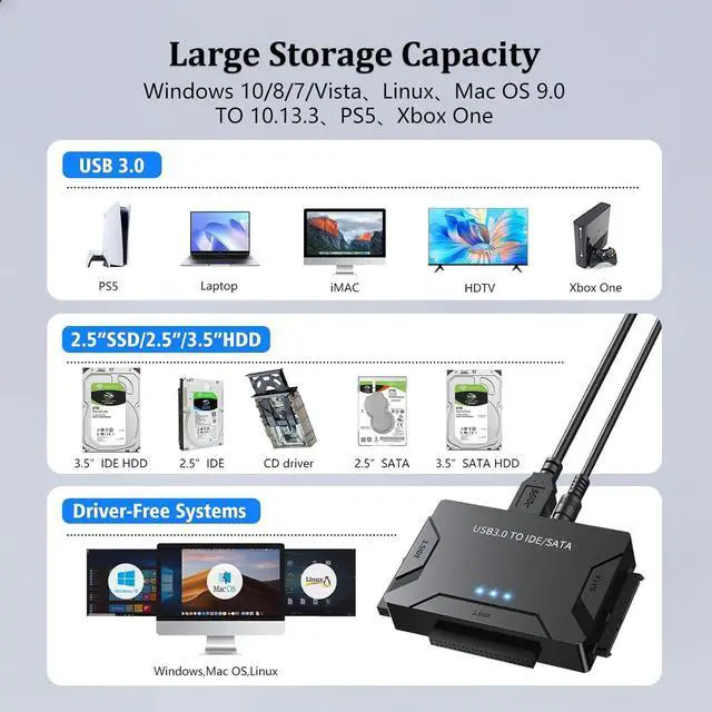 Alt view image 7 of 7 - USB 3.0 to IDE/SATA Adapter | Universal External Hard Drive Reader & Data Recovery Converter for 2.5"/3.5" HDD/SSD | One Touch Backup Function | with 12V/2A Power Supply & Multi-Drive Support
