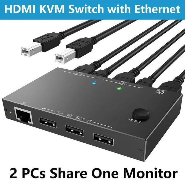 Main image of 2 Port HDMI KVM Switch 2 PC 1 Monitor 4K@60Hz 2K@144Hz, 2 in 1 Out HDMI KVM Switch with Ethernet and 4 USB 2.0 ports for 2 PC Sharing 1 Monitor and keyboard, mouse, printer, U disk, with 2 USB cables