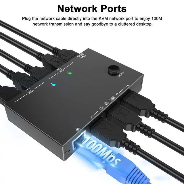 Alt view image 5 of 7 - 2 Port HDMI KVM Switch 2 PC 1 Monitor 4K@60Hz 2K@144Hz, 2 in 1 Out HDMI KVM Switch with Ethernet and 4 USB 2.0 ports for 2 PC Sharing 1 Monitor and keyboard, mouse, printer, U disk, with 2 USB cables