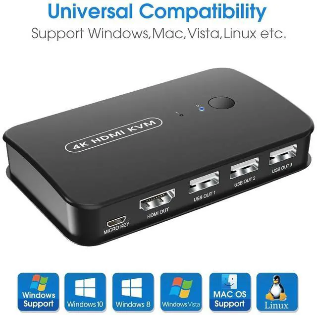 Alt view image 3 of 7 - 4K HDMI KVM Switch 2 Port Switch Box, USB and HDMI Switch for 2 Computers Share Keyboard Mouse Printer and one HD Monitor, Support UHD 4K@30Hz, with Remote Controller and 2 KVM Cables giyqxHw