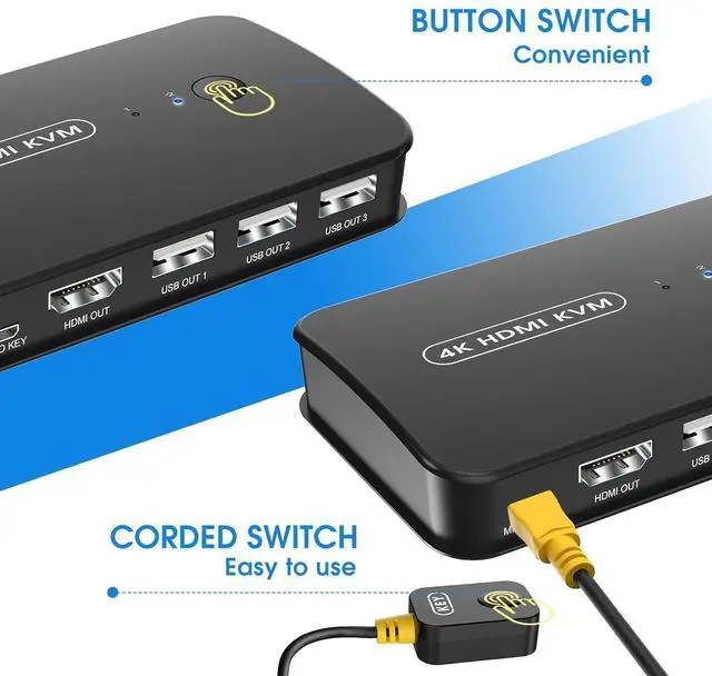 Alt view image 4 of 7 - 4K HDMI KVM Switch 2 Port Switch Box, USB and HDMI Switch for 2 Computers Share Keyboard Mouse Printer and one HD Monitor, Support UHD 4K@30Hz, with Remote Controller and 2 KVM Cables giyqxHw