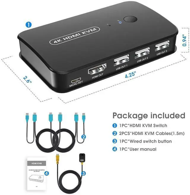 Alt view image 6 of 7 - 4K HDMI KVM Switch 2 Port Switch Box, USB and HDMI Switch for 2 Computers Share Keyboard Mouse Printer and one HD Monitor, Support UHD 4K@30Hz, with Remote Controller and 2 KVM Cables giyqxHw