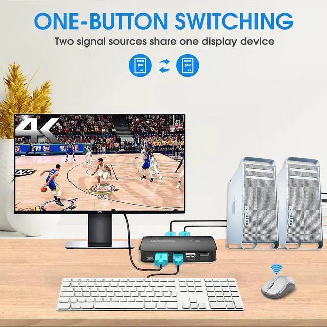 Alt view image 2 of 7 - 4K HDMI KVM Switch 2 Port Switch Box, USB and HDMI Switch for 2 Computers Share Keyboard Mouse Printer and one HD Monitor, Support UHD 4K@30Hz, with Remote Controller and 2 KVM Cables giyqxHw