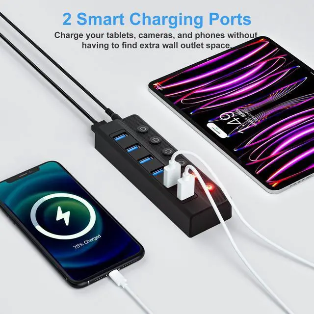 Alt view image 4 of 7 - WRIARICH Powered USB Hub 3.0, 6-Port USB 3.0 Splitter Hub (4 Faster Data Transfer Ports+ 2 Smart Charging Port) with Individual LED On/Off Switches and 12V/3A Power Adapter USB Extension for Mac, PC