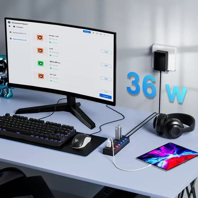 Alt view image 5 of 7 - WRIARICH Powered USB Hub 3.0, 6-Port USB 3.0 Splitter Hub (4 Faster Data Transfer Ports+ 2 Smart Charging Port) with Individual LED On/Off Switches and 12V/3A Power Adapter USB Extension for Mac, PC