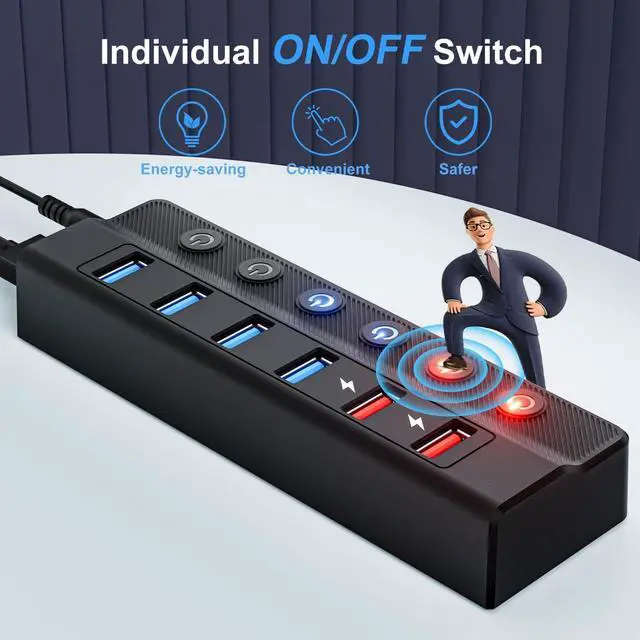 Alt view image 6 of 7 - WRIARICH Powered USB Hub 3.0, 6-Port USB 3.0 Splitter Hub (4 Faster Data Transfer Ports+ 2 Smart Charging Port) with Individual LED On/Off Switches and 12V/3A Power Adapter USB Extension for Mac, PC