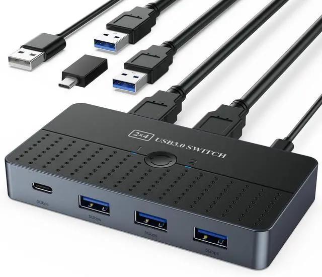 Main image of WRIARICH USB 3.0 Switch 2 in 4 Out for 2 Computers Sharing USB C & A Devices, USB Switcher for PC Mouse Keyboard Printer Scanner, USB 3.0 KVM Switch Selector Compatible with Windows, Mac, Linux