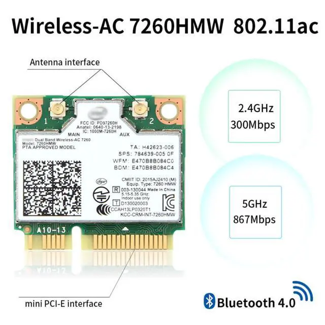 Alt view image 2 of 7 - Mini pcie WiFi Card Dual Band Wireless AC 7260 PCI Express Card 802.11ac 2x2 Wi-Fi 7260hmw Bluetooth 4.0 PCIe Half WiFi Card 802.11 b/a/g/n/ac for Laptop Window 7 8 8.1 10 Linux 2.4.x/2.6.x or Later