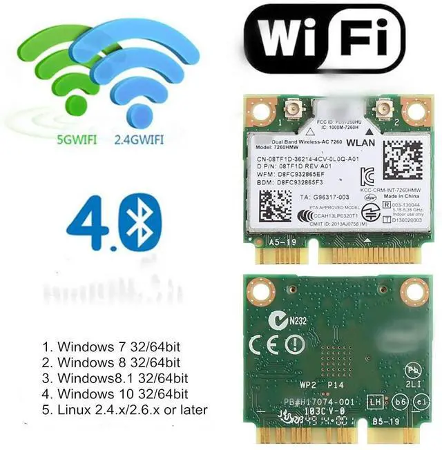 Alt view image 3 of 7 - Mini pcie WiFi Card Dual Band Wireless AC 7260 PCI Express Card 802.11ac 2x2 Wi-Fi 7260hmw Bluetooth 4.0 PCIe Half WiFi Card 802.11 b/a/g/n/ac for Laptop Window 7 8 8.1 10 Linux 2.4.x/2.6.x or Later