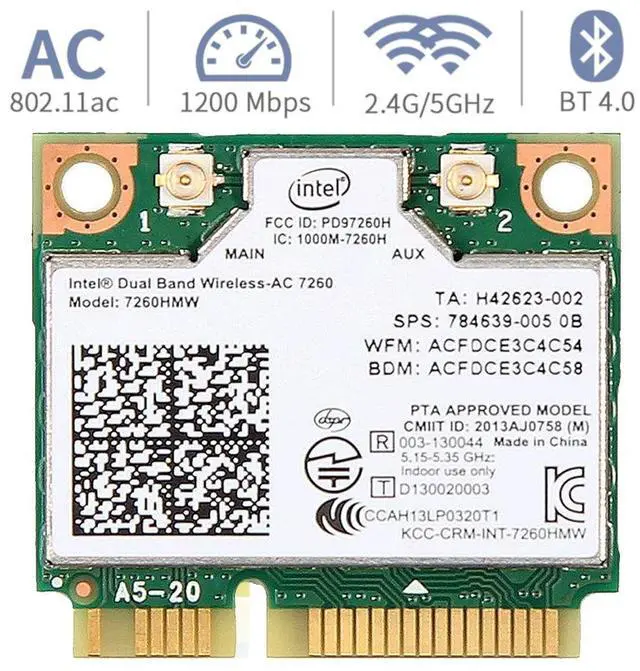 Main image of Mini pcie WiFi Card Dual Band Wireless AC 7260 PCI Express Card 802.11ac 2x2 Wi-Fi 7260hmw Bluetooth 4.0 PCIe Half WiFi Card 802.11 b/a/g/n/ac for Laptop Window 7 8 8.1 10 Linux 2.4.x/2.6.x or Later