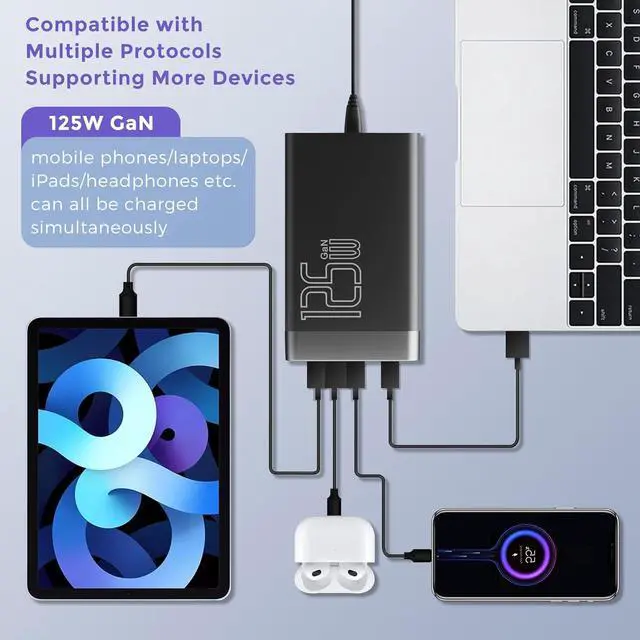Alt view image 3 of 7 - 125W GaN 5-Port USB Charger, USB Fast Charging Station, Multi Ports USB Charging Hub with LED Display, Compatible with Phone15/14/Pro/13/12,Ga-laxy S23/S22/S21, Note 20 Ultra, L-G, H-T-C, and More
