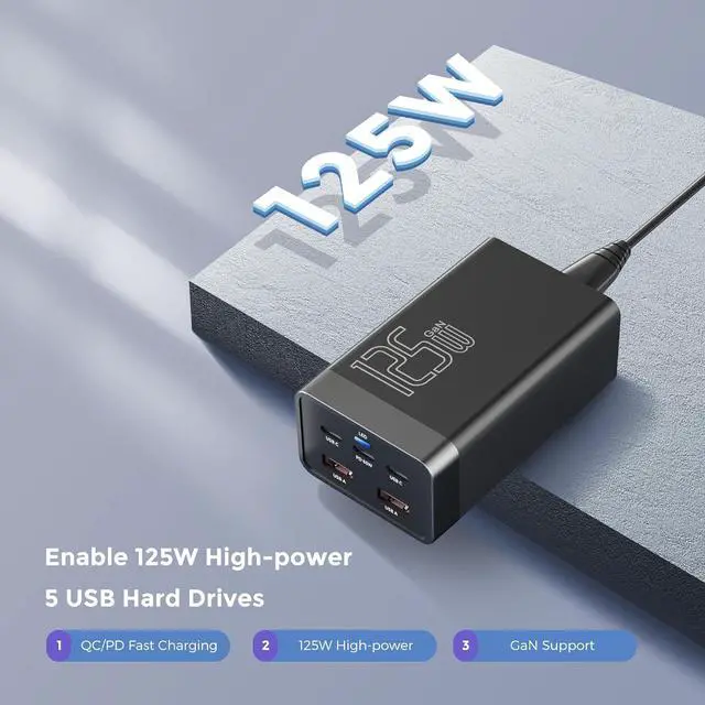 Alt view image 5 of 7 - 125W GaN 5-Port USB Charger, USB Fast Charging Station, Multi Ports USB Charging Hub with LED Display, Compatible with Phone15/14/Pro/13/12,Ga-laxy S23/S22/S21, Note 20 Ultra, L-G, H-T-C, and More