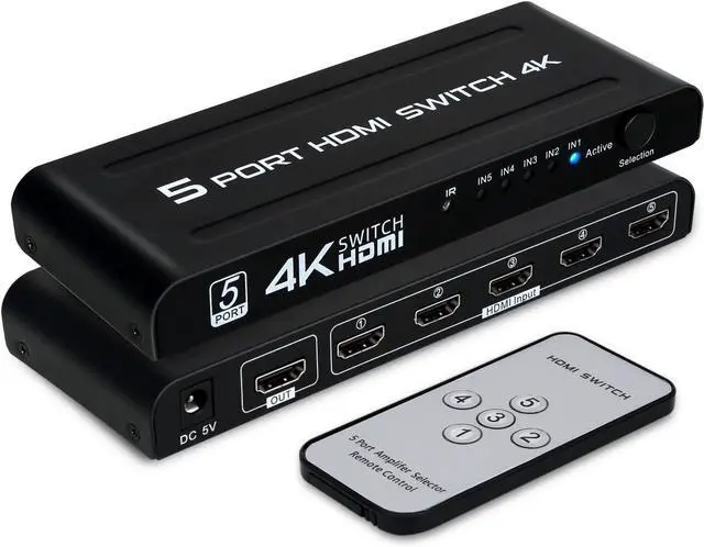 Main image of WRIARICH HDMI Switch 5 in 1 Out, 5 Port HDMI Switcher Selector Box with IR Remote Control & Auto Switch, Support 4K @30Hz, HDR, HDCP, 3D, 1080P for HDTV PS3 PS4 Xbox Projector Blu-ray Player (Black)