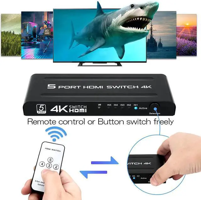 Alt view image 4 of 7 - WRIARICH HDMI Switch 5 in 1 Out, 5 Port HDMI Switcher Selector Box with IR Remote Control & Auto Switch, Support 4K @30Hz, HDR, HDCP, 3D, 1080P for HDTV PS3 PS4 Xbox Projector Blu-ray Player (Black)