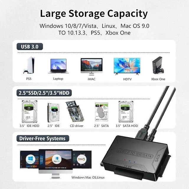 Alt view image 4 of 5 - USB 3.0 to SATA IDE Adapter, Hard Drive Reader Adapter, IDE/SATA to USB 3.0 External Data Recovery Converter, USB to SATA/IDE Hard Drive Adapter for Universal 2.5 3.5 HDD SSD Hard Drive Disk