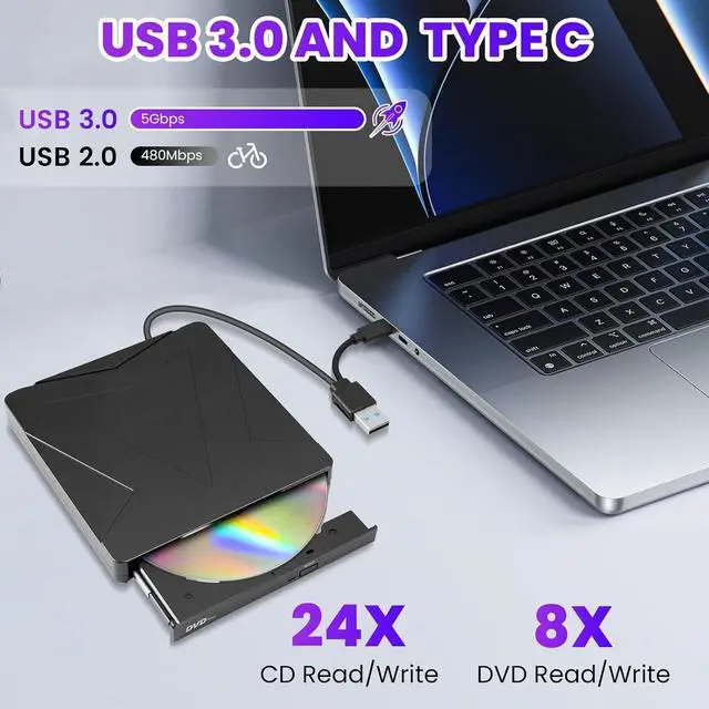 Alt view image 3 of 7 - WRIARICH External DVD CD Drive for Laptop, USB 3.0 & Type-C Portable CD DVD +/-RW Burner Optical Drives CD ROM/DVD Drive External for PC Laptop Desktop MacBook Windows 7/8/10/11/XP Linux/Mac