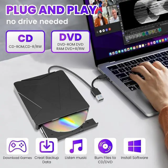 Alt view image 4 of 7 - WRIARICH External DVD CD Drive for Laptop, USB 3.0 & Type-C Portable CD DVD +/-RW Burner Optical Drives CD ROM/DVD Drive External for PC Laptop Desktop MacBook Windows 7/8/10/11/XP Linux/Mac