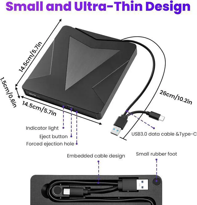 Alt view image 6 of 7 - WRIARICH External DVD CD Drive for Laptop, USB 3.0 & Type-C Portable CD DVD +/-RW Burner Optical Drives CD ROM/DVD Drive External for PC Laptop Desktop MacBook Windows 7/8/10/11/XP Linux/Mac
