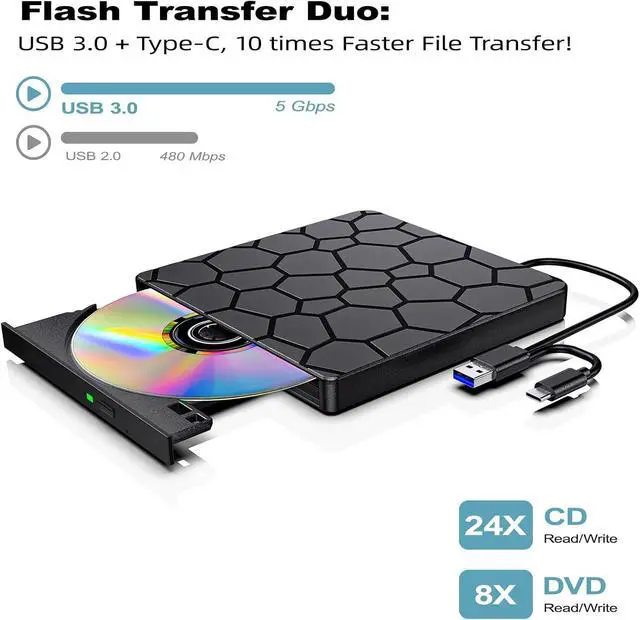 Alt view image 2 of 7 - External CD/DVD Drive for Laptop & PC, USB 3.0 & USB C DVD Burner Ultra-Slim CD Player Portable for Laptop Disc Reader Compatible with Desktop PC Windows 11/10/8 Linux Mac OS MacBook Pro/Air