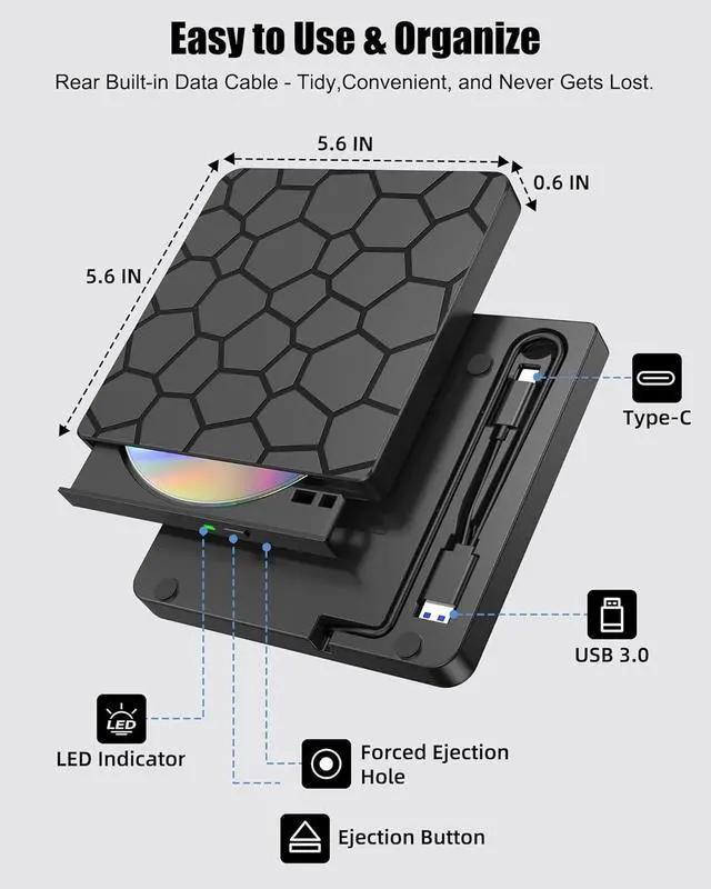 Alt view image 5 of 7 - External CD/DVD Drive for Laptop & PC, USB 3.0 & USB C DVD Burner Ultra-Slim CD Player Portable for Laptop Disc Reader Compatible with Desktop PC Windows 11/10/8 Linux Mac OS MacBook Pro/Air