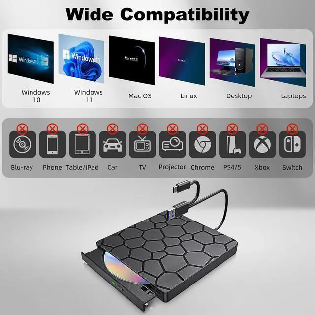 Alt view image 7 of 7 - External CD/DVD Drive for Laptop & PC, USB 3.0 & USB C DVD Burner Ultra-Slim CD Player Portable for Laptop Disc Reader Compatible with Desktop PC Windows 11/10/8 Linux Mac OS MacBook Pro/Air