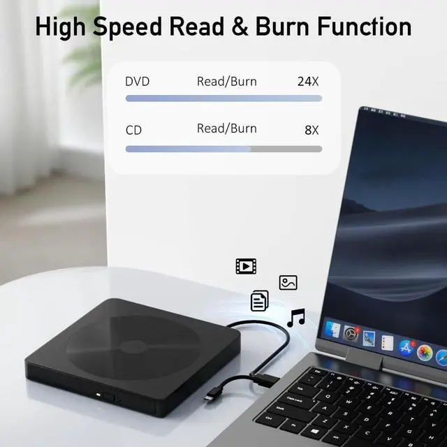 Alt view image 2 of 7 - External CD/DVD Drive for Laptop, USB 3.0 & Type-C Portable DVD Burner, CD ROM External DVD Drive for Laptop, Lightweight External CD DVD Optical Drive Compatible with PC, Windows Mac Os Linux