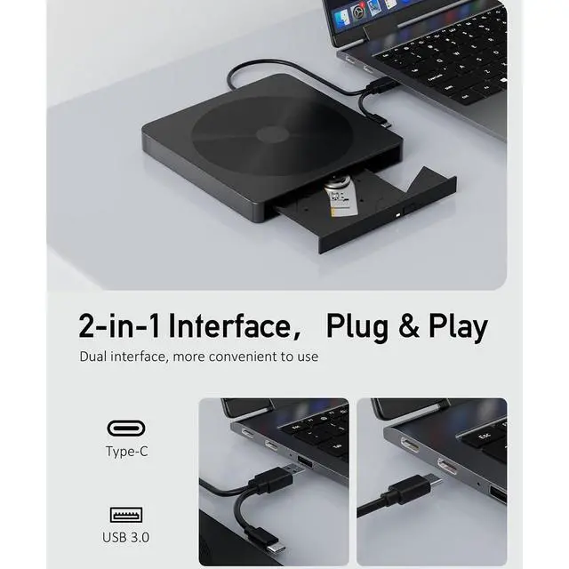 Alt view image 4 of 7 - External CD/DVD Drive for Laptop, USB 3.0 & Type-C Portable DVD Burner, CD ROM External DVD Drive for Laptop, Lightweight External CD DVD Optical Drive Compatible with PC, Windows Mac Os Linux