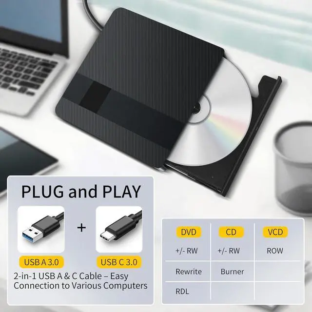 Alt view image 2 of 7 - External CD/DVD Drive for Laptops, USB 3.0 & Type-C Portable DVD Player+/-RW Burner Writer Reader, External Optical Drive Compatible with Laptop Desktop PC, Windows 11/10/8/7/XP, Linux, MacOS
