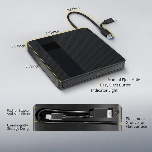 Alt view image 5 of 7 - External CD/DVD Drive for Laptops, USB 3.0 & Type-C Portable DVD Player+/-RW Burner Writer Reader, External Optical Drive Compatible with Laptop Desktop PC, Windows 11/10/8/7/XP, Linux, MacOS