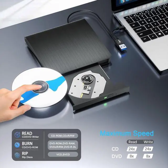 Alt view image 2 of 7 - WRIARICH External CD DVD Drive for Laptops, USB 3.0 Type-C Portable CD/DVD Player & Burner for Laptop/Desktop, USB C CD/DVD Drive, Compatible with Windows, Mac, Linux, Record CD/DVD Player Burner