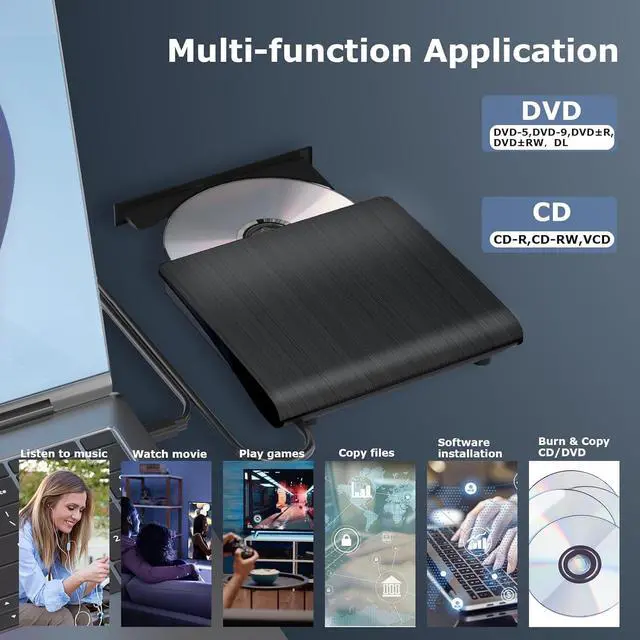 Alt view image 6 of 7 - WRIARICH External CD DVD Drive for Laptops, USB 3.0 Type-C Portable CD/DVD Player & Burner for Laptop/Desktop, USB C CD/DVD Drive, Compatible with Windows, Mac, Linux, Record CD/DVD Player Burner
