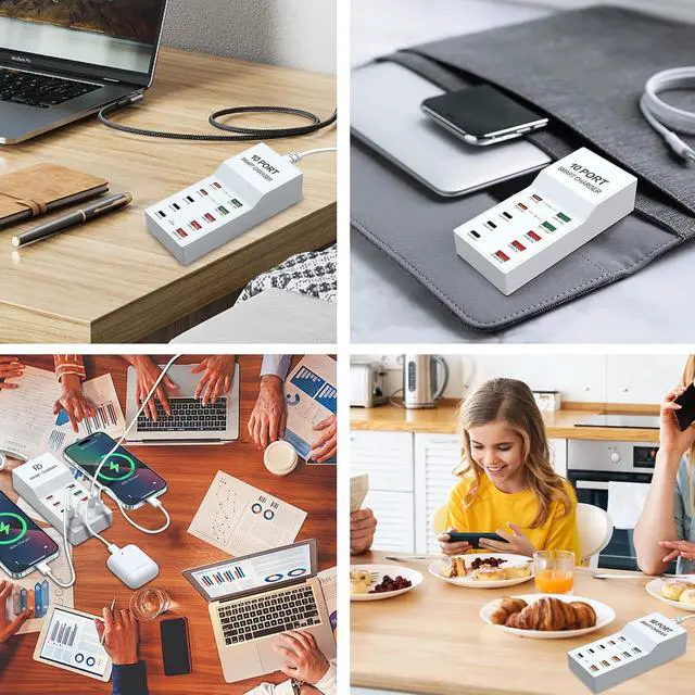 Alt view image 4 of 7 - 10 Port Multi USB Charging Station, Multiple USB Charger Station with PD QC 3.0 USB A USB C Charger Block Multiple Ports, USB Power Strip for Multiple Devices Phone Tablet Laptop Watch giyqxHw