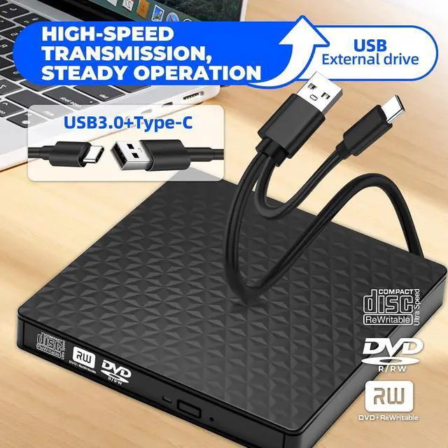 Alt view image 2 of 7 - External CD DVD Drive, Ultra-Slim CD ROM Burner Reader Writer Drive Portable DVD Player, USB 3.0 and Type-C Optical DVD Drive Compatible with Laptop Desktop PC Windows XP/7/8/10/11 Linux Mac OS