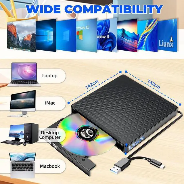 Alt view image 3 of 7 - External CD DVD Drive, Ultra-Slim CD ROM Burner Reader Writer Drive Portable DVD Player, USB 3.0 and Type-C Optical DVD Drive Compatible with Laptop Desktop PC Windows XP/7/8/10/11 Linux Mac OS