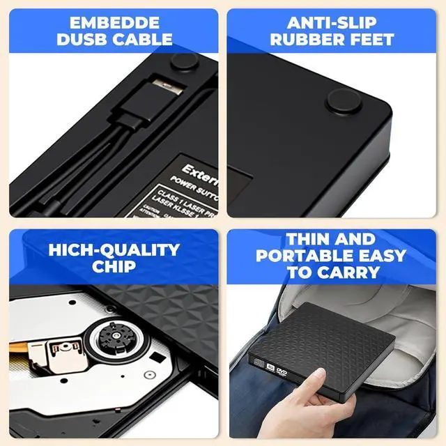 Alt view image 4 of 7 - External CD DVD Drive, Ultra-Slim CD ROM Burner Reader Writer Drive Portable DVD Player, USB 3.0 and Type-C Optical DVD Drive Compatible with Laptop Desktop PC Windows XP/7/8/10/11 Linux Mac OS