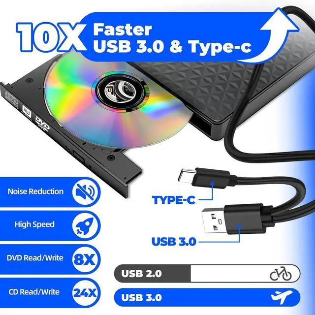 Alt view image 6 of 7 - External CD DVD Drive, Ultra-Slim CD ROM Burner Reader Writer Drive Portable DVD Player, USB 3.0 and Type-C Optical DVD Drive Compatible with Laptop Desktop PC Windows XP/7/8/10/11 Linux Mac OS