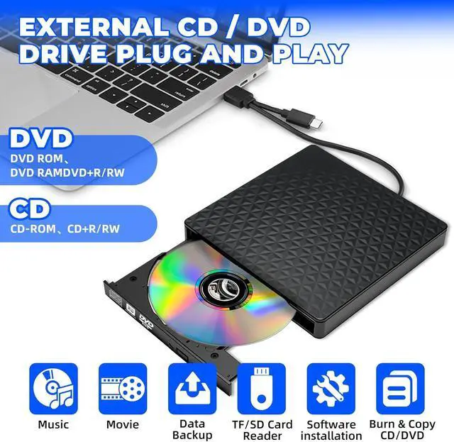 Alt view image 7 of 7 - External CD DVD Drive, Ultra-Slim CD ROM Burner Reader Writer Drive Portable DVD Player, USB 3.0 and Type-C Optical DVD Drive Compatible with Laptop Desktop PC Windows XP/7/8/10/11 Linux Mac OS