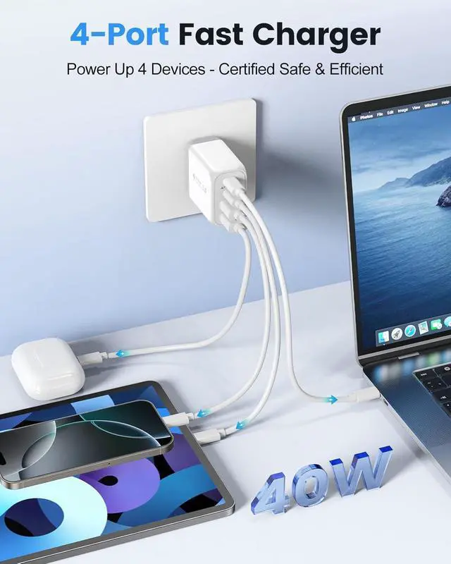 Alt view image 2 of 7 - 40W USB C Charger Block, 2-Pack Wall Charger, 4-Port Fast Charging Block Power Adapter, Dual PD & QC Type-C Multiport Wall Charger for i-Phone 16 15 14 13 12 11 Pro Max, Android Phones, Tablets
