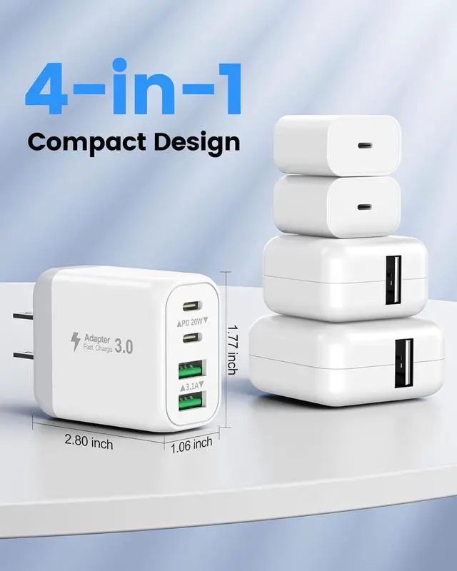 Alt view image 5 of 7 - 40W USB C Charger Block, 2-Pack Wall Charger, 4-Port Fast Charging Block Power Adapter, Dual PD & QC Type-C Multiport Wall Charger for i-Phone 16 15 14 13 12 11 Pro Max, Android Phones, Tablets
