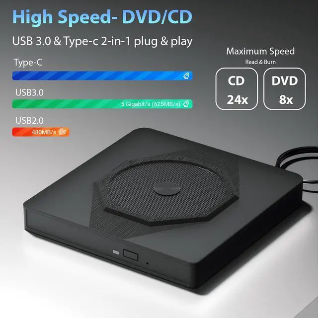 Alt view image 2 of 7 - External CD DVD Drive, USB 3.0 & Type-C Portable CD DVD Burner, +/-RW CD ROM External CD/DVD Drive for Laptop, CD Player for Laptop Compatible with Laptops, Desktop PC, Windows, Linux, Mac OS