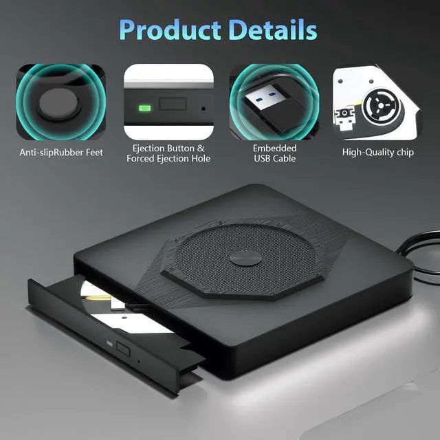Alt view image 3 of 7 - External CD DVD Drive, USB 3.0 & Type-C Portable CD DVD Burner, +/-RW CD ROM External CD/DVD Drive for Laptop, CD Player for Laptop Compatible with Laptops, Desktop PC, Windows, Linux, Mac OS