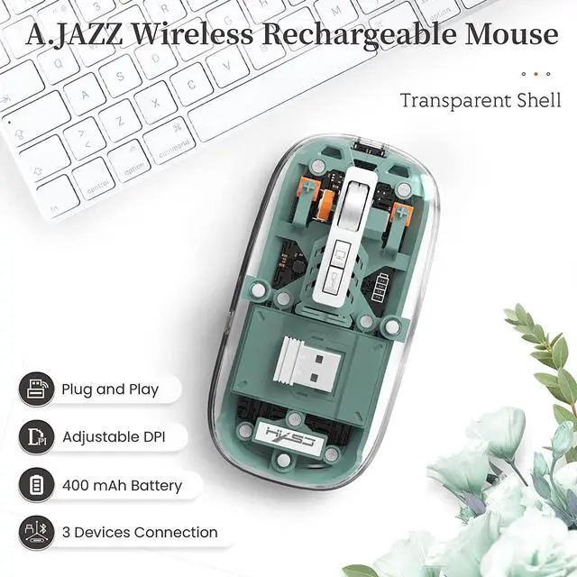 Alt view image 2 of 7 - WRIARICH Bluetooth 5.1 & 2.4G Lightweight Mouse, Rechargeable 400 mAh,Wired USB C Cable, Transparent Clear Cool Shell, Mute Click, Mini Portable for Business Home&Office PC Win/Mac/Laptop (Green)