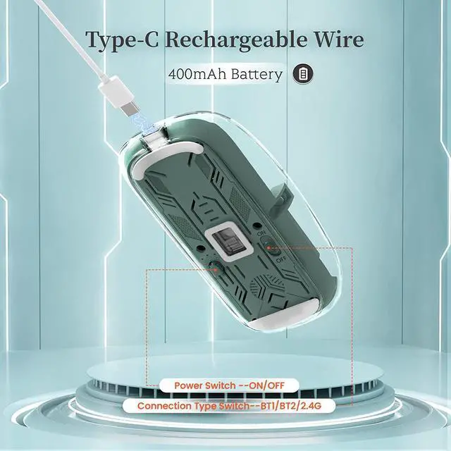 Alt view image 5 of 7 - WRIARICH Bluetooth 5.1 & 2.4G Lightweight Mouse, Rechargeable 400 mAh,Wired USB C Cable, Transparent Clear Cool Shell, Mute Click, Mini Portable for Business Home&Office PC Win/Mac/Laptop (Green)